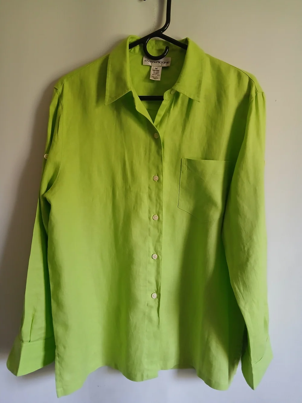 EVAN-PICONE Women's Lime Green Blousr 100% Linen SzM Roll Tab Sleeve